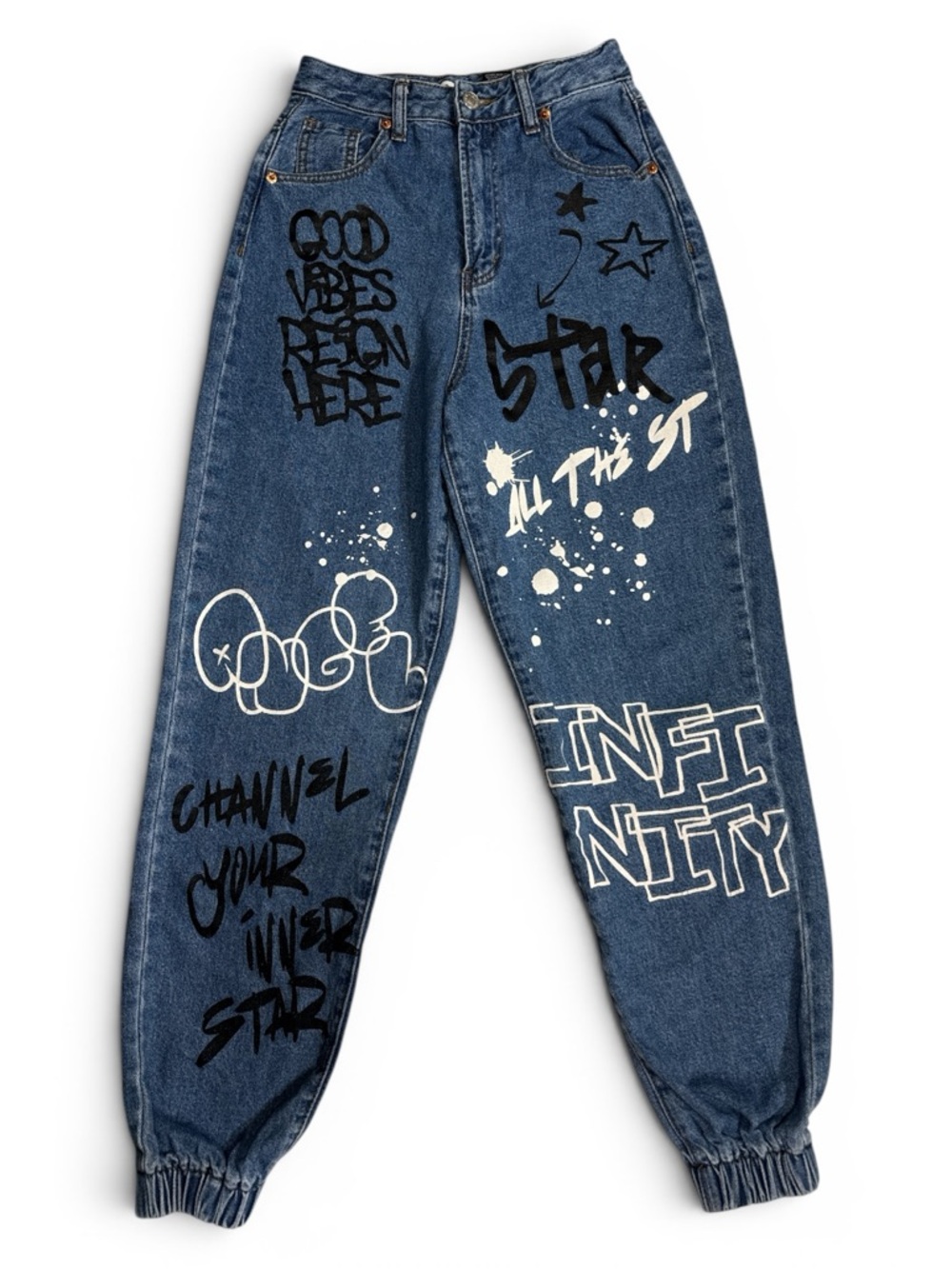 SONG Graffiti Print Denim Joggers 0/24 High Waist Streetwear Baggy Y2K Art Jeans